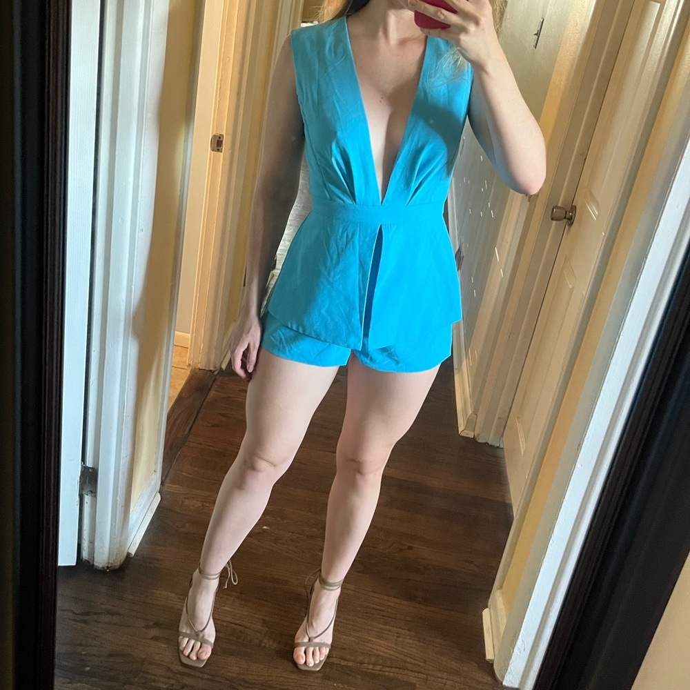 Mustard seed aqua blue jumpsuit with plunge neckline